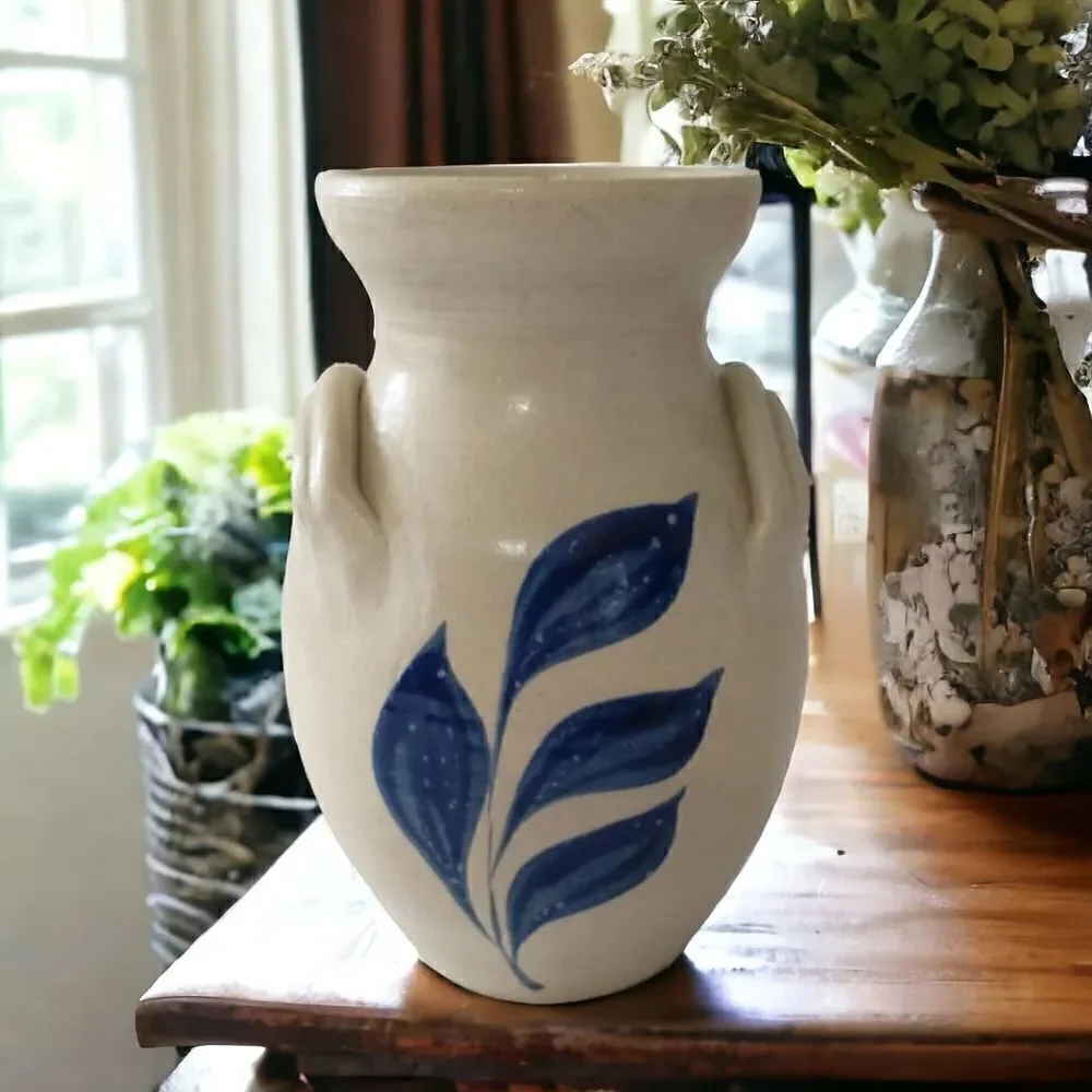 Williamsburg Pottery‎ Vase Two Handled  Blue Leaf Design Spring Summer Flowers.